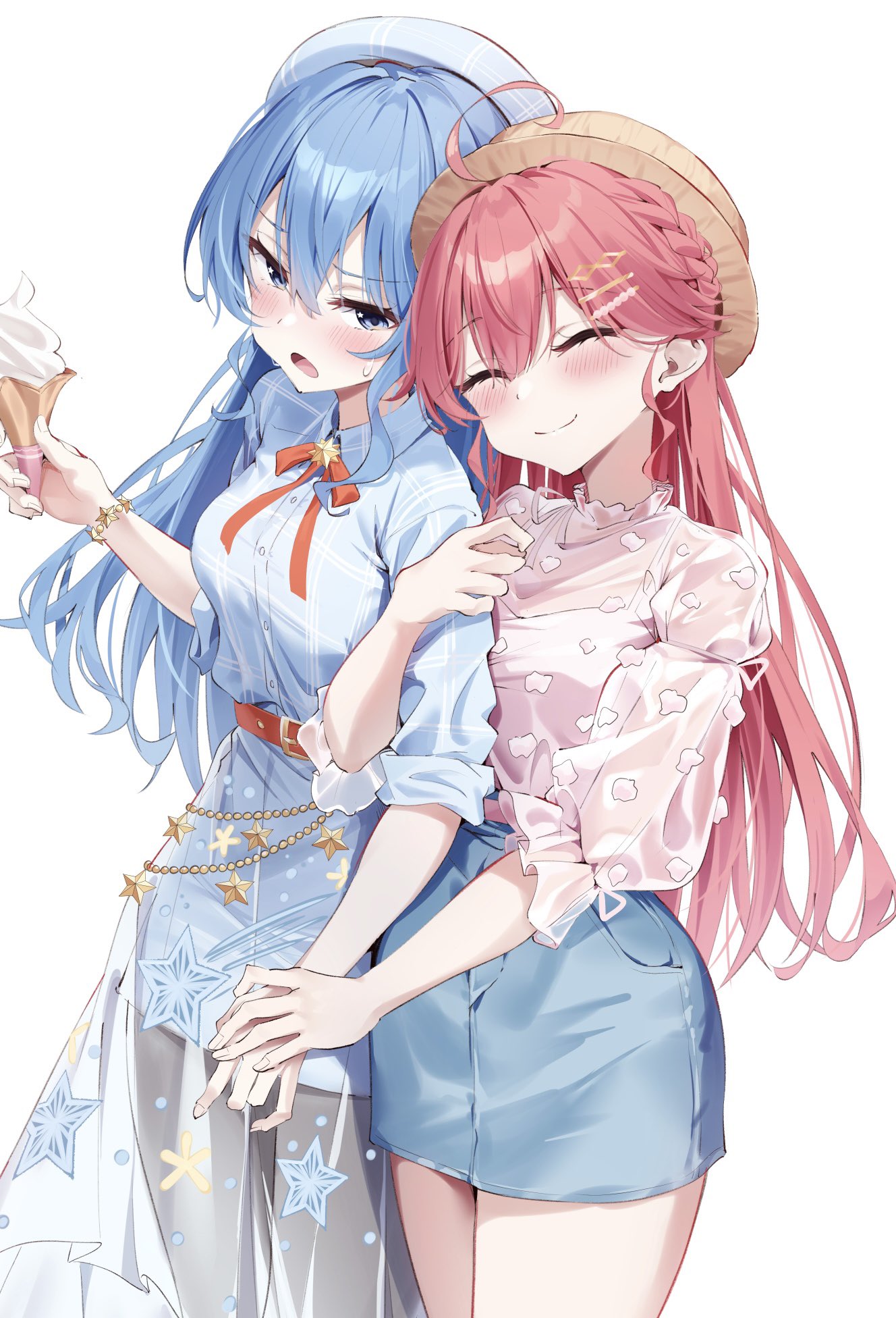 2girls, ahoge, alternate_costume, belt, beret, black_pantyhose, blue_dress, blue_eyes