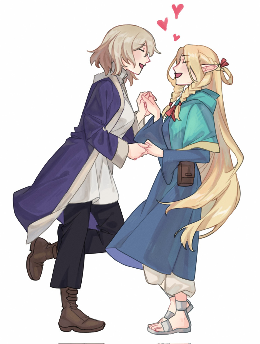 2girls, blonde_hair, blue_capelet, blue_robe, boots, braid, brown_footwear, capelet