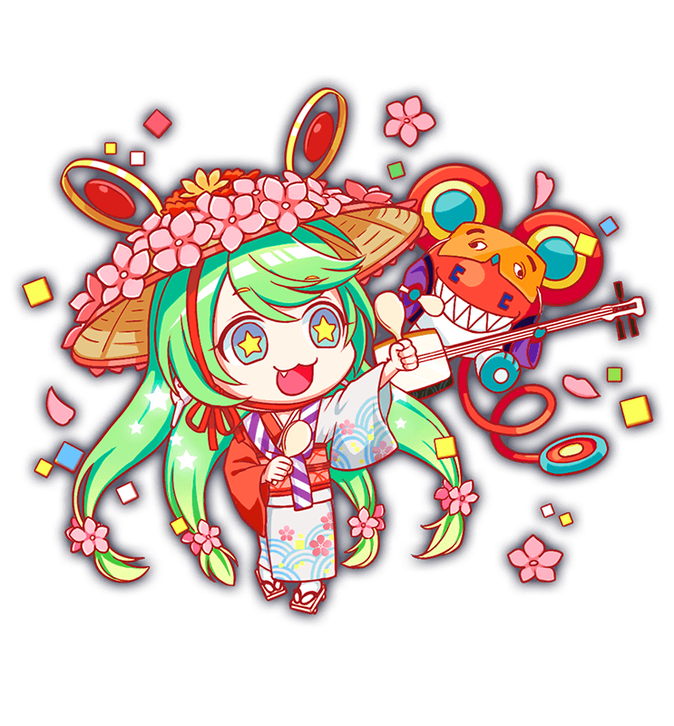 ajirogasa, alternate_costume, alternate_hair_ornament, aqua_eyes, asymmetrical_sleeves, cel_shading, closed_mouth, colored_tips, confetti, crash_fever, eyemask, fang, floral_print_kimono, floral_print_sleeves, flower, full_body, game_cg, geta, gradient_hair, grey_hair, hair_flower, hair_ornament, happi, happy_(crash_fever), hat, hat_flower, holding_maracas, instrument, japanese_clothes, jerry_(crash_fever), kimono, kokyuu, long_hair, low-tied_long_hair, maracas, mismatched_sleeves, mouse_(animal), multicolored_hair, music, official_alternate_costume, official_alternate_hair_ornament, official_art, open_mouth, orange_mask, outline, pink_flower, playing_instrument, purple_happi, purple_sleeves, red_outline, red_sleeves, saturated, seigaiha, shamisen, sharp_teeth, simple_background, star_(symbol), star_in_eye, symbol_in_eye, tabi, tachi-e, teeth, tongue, transparent_background, white_kimono, white_sleeves