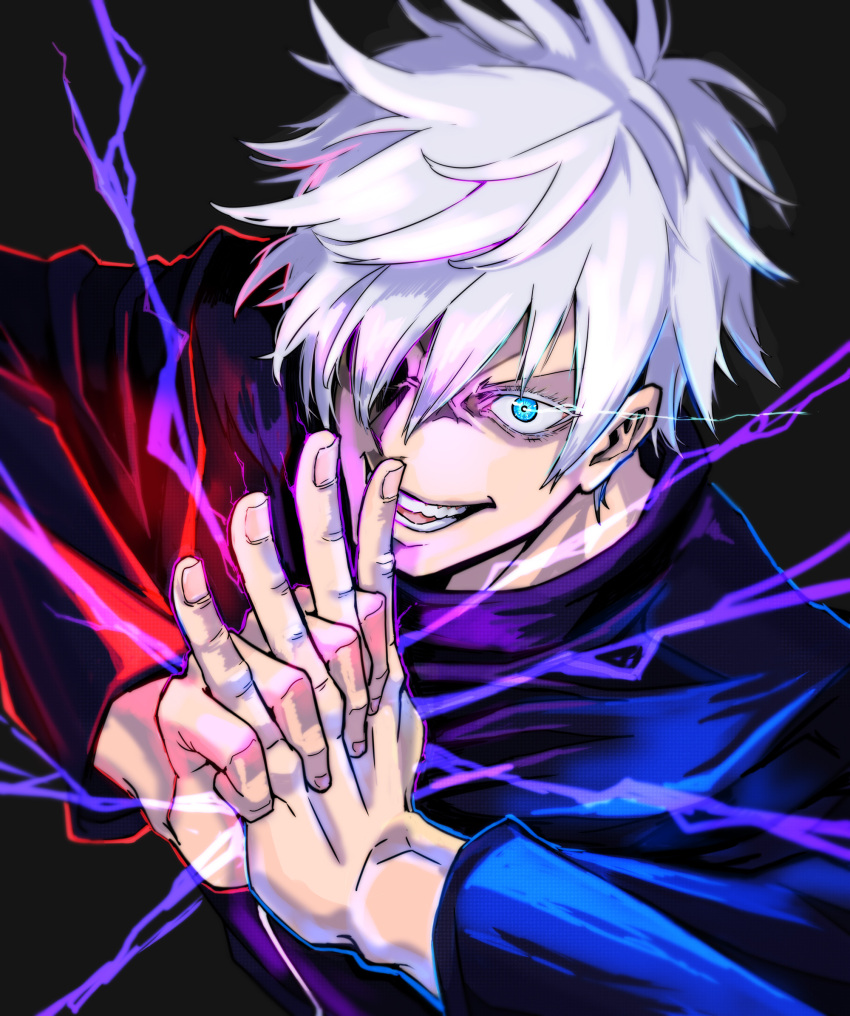 1boy, black_background, black_shirt, blue_eyes, colored_eyelashes, commentary_request, evil_smile, eye_trail