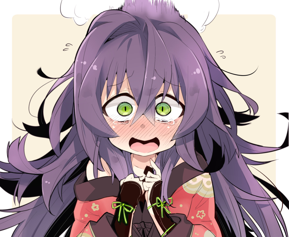 1girl, armor, blush, commentary, curly_hair, floral_print, flying_sweatdrops, full-face_blush, green_eyes, hands_up, haori, japanese_armor, japanese_clothes, kote, long_hair, loose_kimono, messy_hair, mouri_toushirou_(tenka_hyakken), nervous_smile, purple_hair, raised_eyebrows, salamander_(hop-step), smile, solo, steam, straight-on, tearing_up, tenka_hyakken, upper_body