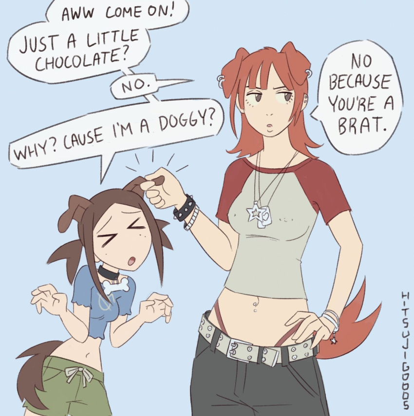 2022, 2girls, belt, collar, crop_top, dog_ears, dog_girl, dog_tags