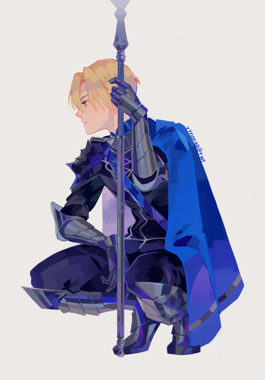 1boy, armor, armored_boots, armored_gloves, black_pants, black_shirt, blonde_hair, blue_cape
