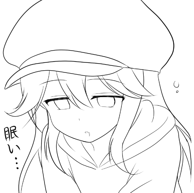 1girl, curakuru, drooling, empty_eyes, hat, hood, hoodie, lineart