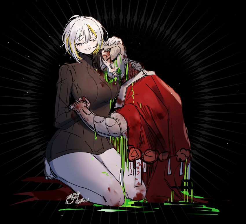 1boy, 1girl, absurdres, black_background, blood, character_request, closed_eyes, coat