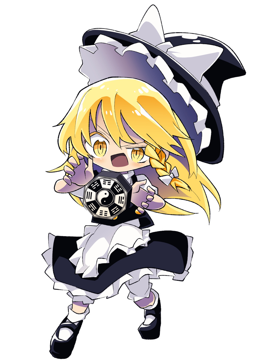 1girl, absurdres, apron, black_footwear, black_hat, black_skirt, black_vest, blonde_hair