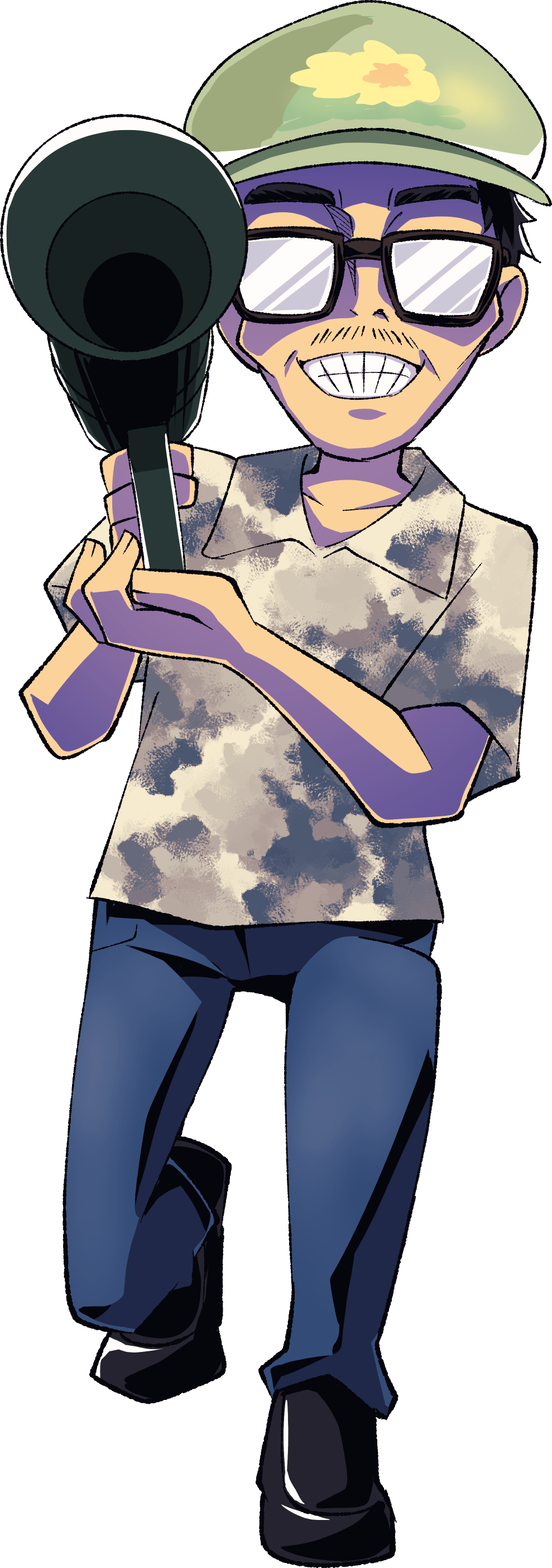 1boy, absurdres, black_footwear, black_hair, blue_pants, cho_cola_star, collared_shirt, facial_hair, full_body, glasses, green_hat, grey_shirt, grin, hat, highres, holding, holding_megaphone, looking_at_viewer, megaphone, mustache, opaque_glasses, pants, real_life, shirt, shoes, short_hair, short_sleeves, simple_background, smile, solo, touhou, transparent_background, zun, zun_hat