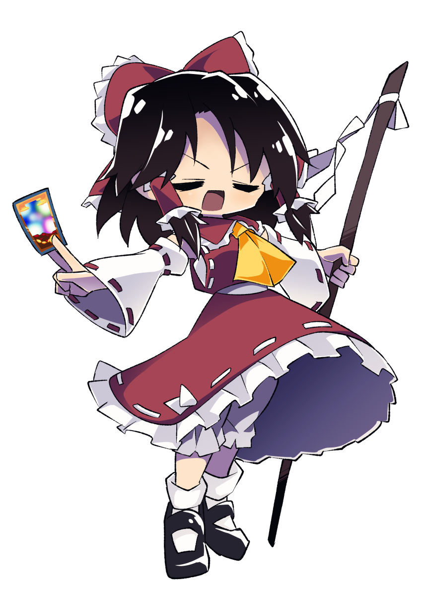 1girl, absurdres, ascot, black_hair, bow, card, cho_cola_star, closed_eyes