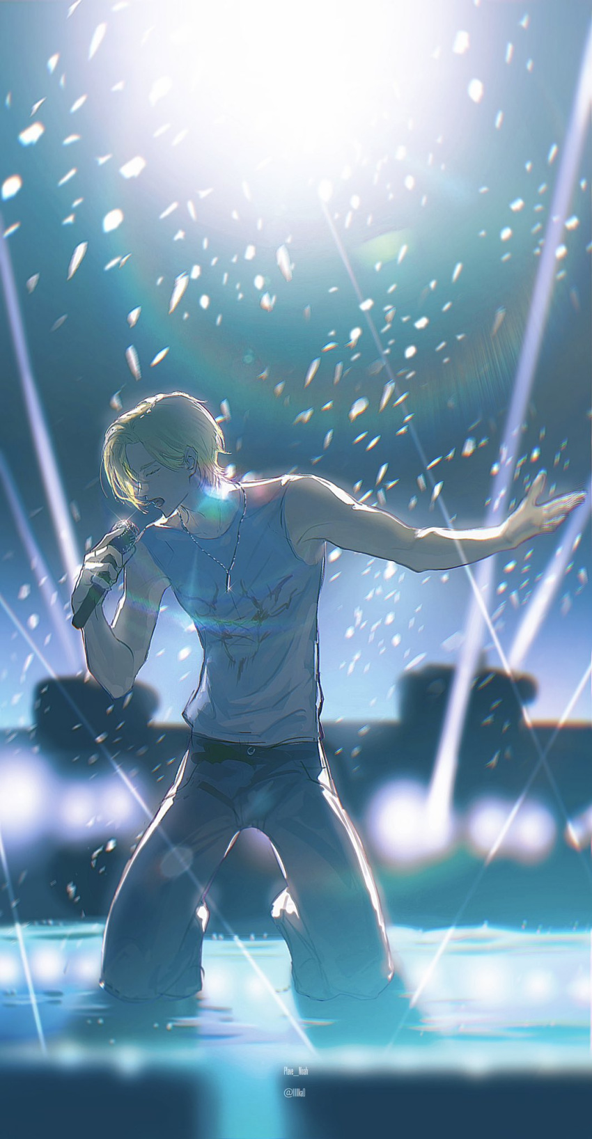 1boy, arms_up, belt, black_belt, blonde_hair, blue_pants, closed_eyes, denim