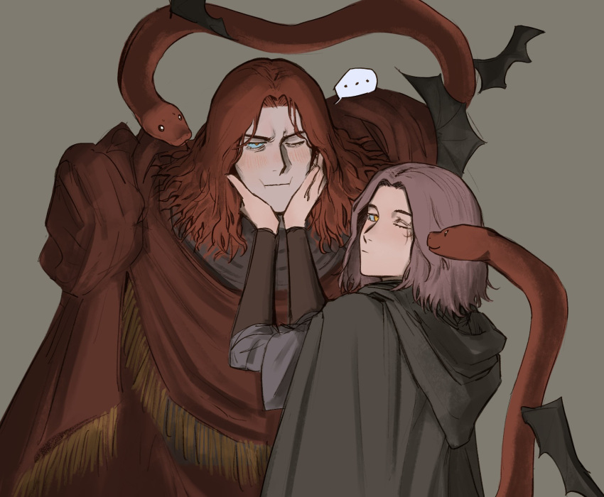 1boy, 1girl, animal, black_cape, blue_eyes, blush, brother_and_sister, brown_hair