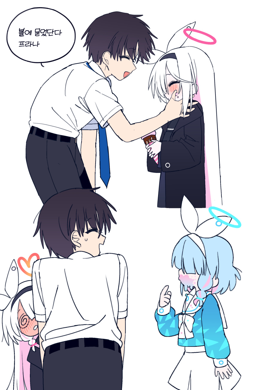 1boy, 2girls, @_@, ^_^, absurdres, arona_(blue_archive), black_coat, blue_archive