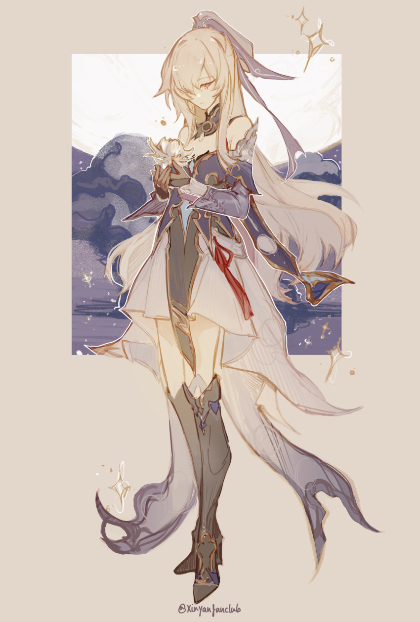 1girl, absurdres, black_gloves, blue_dress, blue_sleeves, border, detached_sleeves, dress