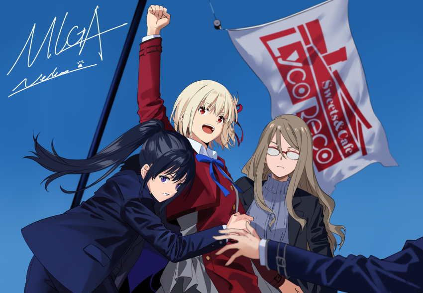 2024_assassination_attempt_of_donald_trump, 4girls, arm_up, black_hair, black_jacket, blonde_hair, blue_jacket, blue_ribbon