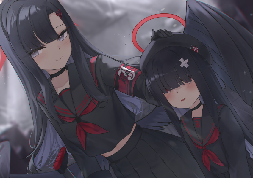 2girls, armband, beret, black_choker, black_hair, black_sailor_collar, black_serafuku, black_skirt