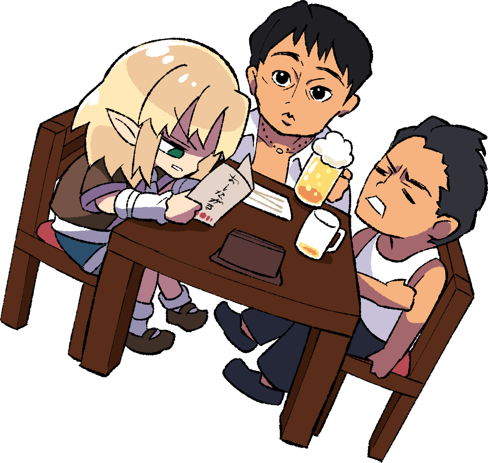 1girl, 2boys, 3boys, akanuma, alcohol, arm_warmers, beer, black_eyes