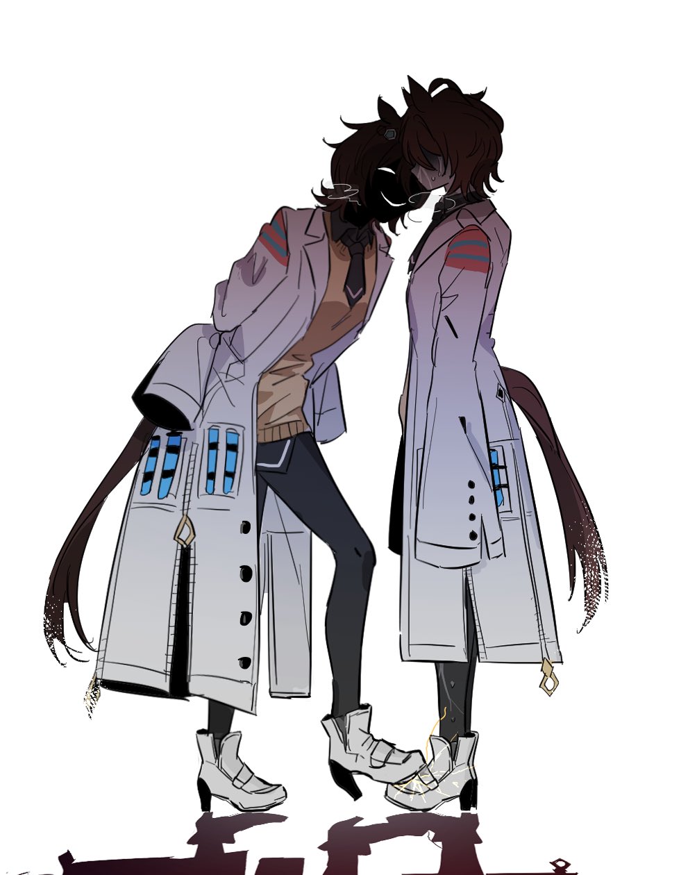 2girls, agnes_tachyon_(umamusume), ahoge, animal_ears, arms_at_sides, black_necktie, black_pantyhose, blank_speech_bubble