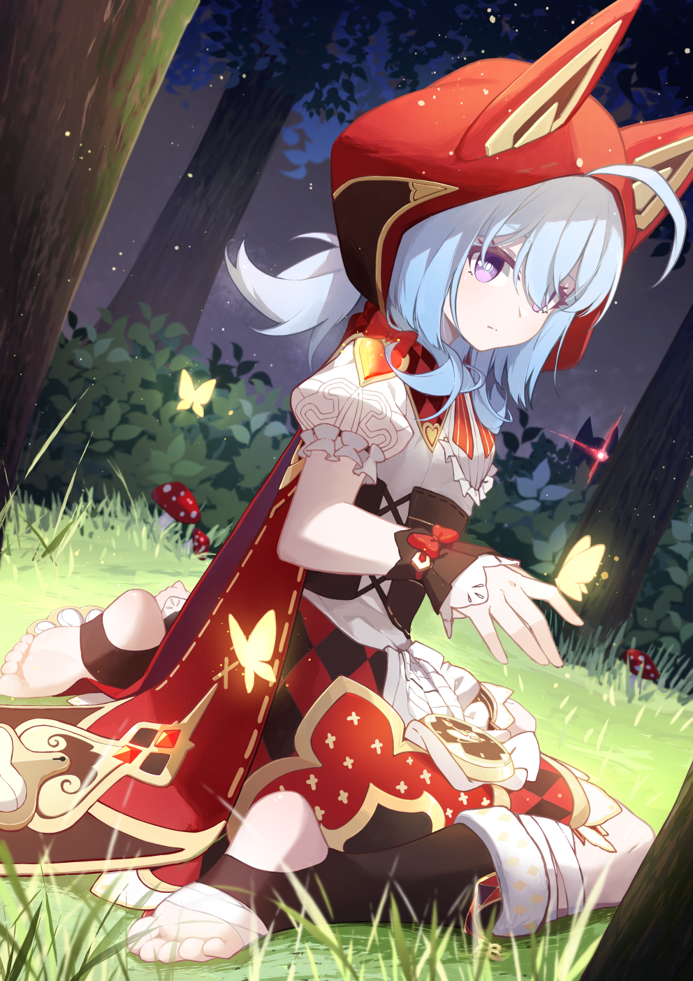1boy, 1girl, ahoge, animal_hood, blue_hair, breasts, bug, butterfly