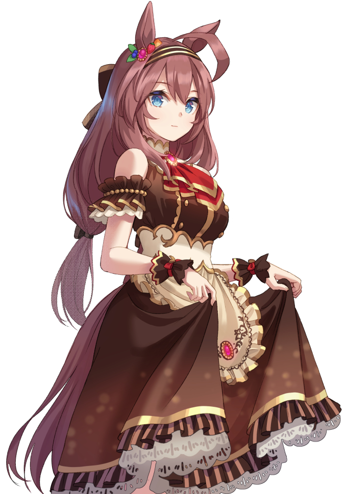 1girl, ahoge, animal_ears, breasts, brown_hair, closed_mouth, commentary_request, hair_ornament