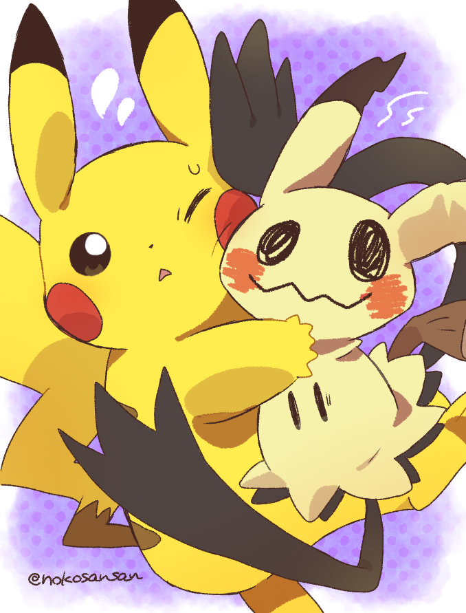 artist_name, brown_eyes, hug, looking_at_viewer, mimikyu, no_humans, one_eye_closed, open_mouth