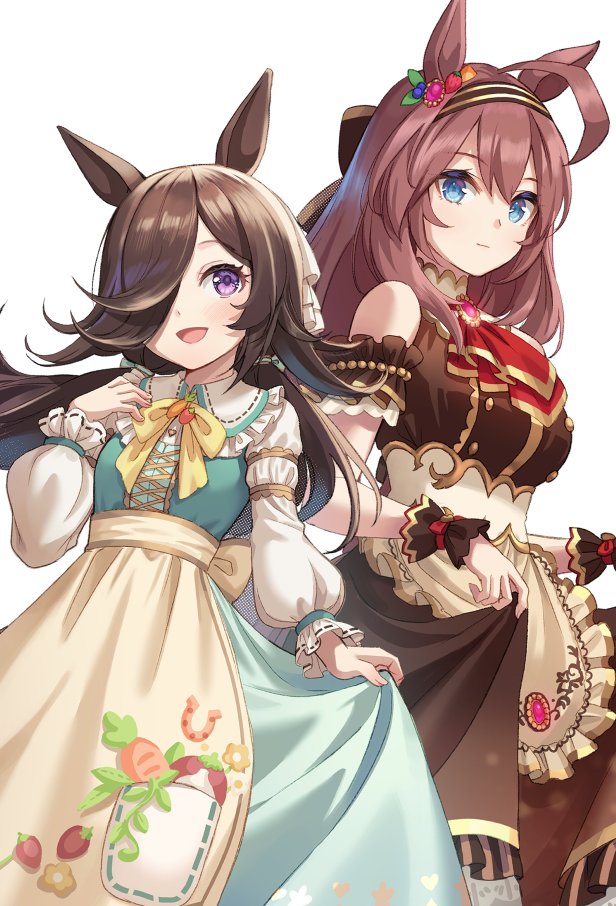 2girls, ahoge, animal_ears, black_hair, blue_eyes, blush, breasts, brown_hair