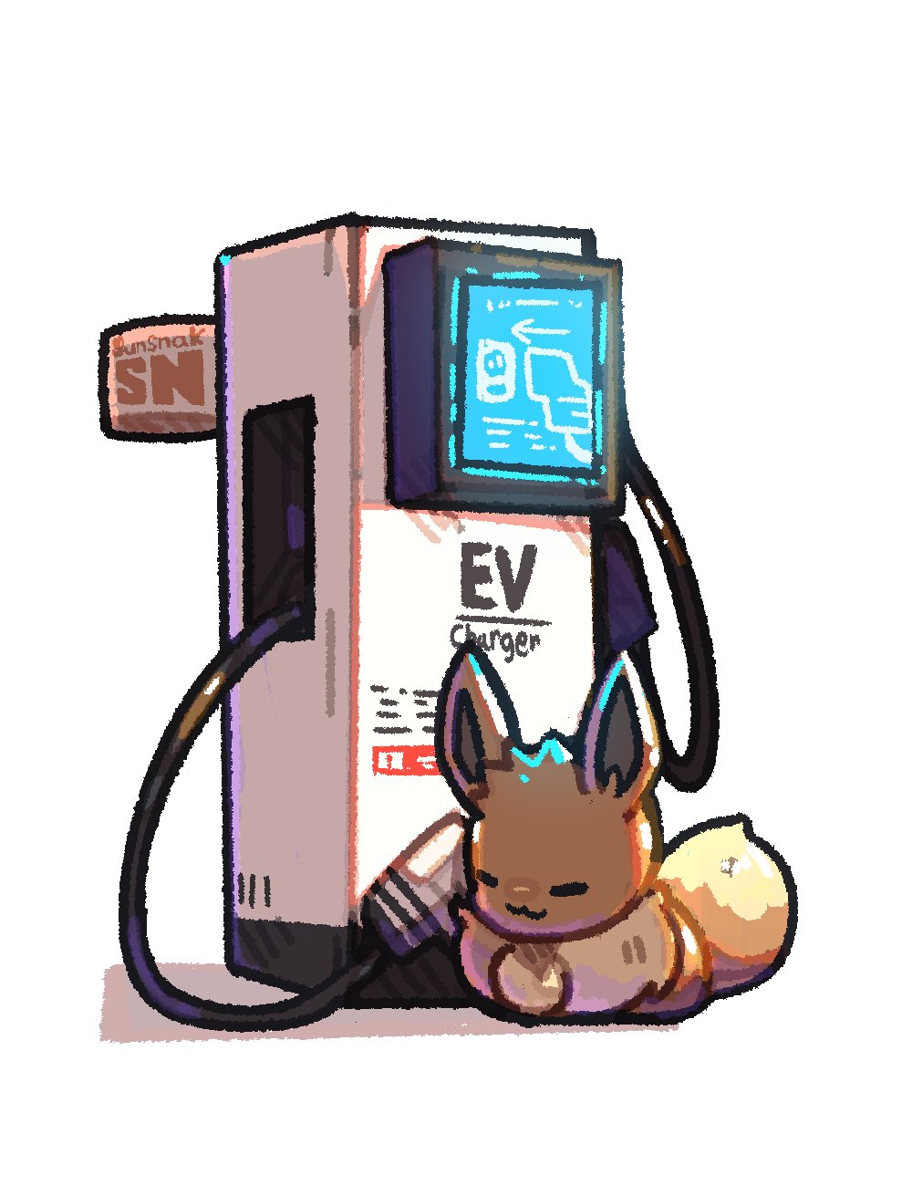 artist_name, brown_fur, charger, chibi, closed_eyes, commentary, eevee, english_text, highres, no_humans, pokemon, pokemon_(creature), pun, simple_background, sitting, solo, sunsnak_sn, two-tone_fur, white_background