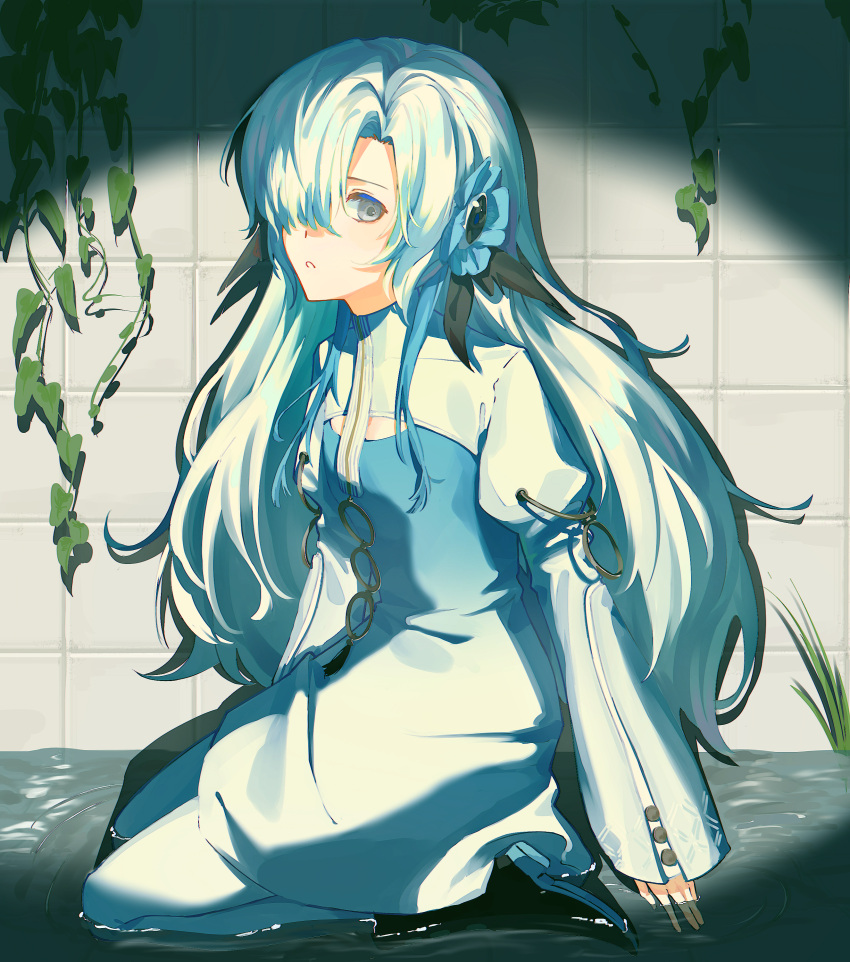 1girl, absurdres, anemone_(flower), black_footwear, black_ribbon, blue_dress, blue_flower, blue_hair