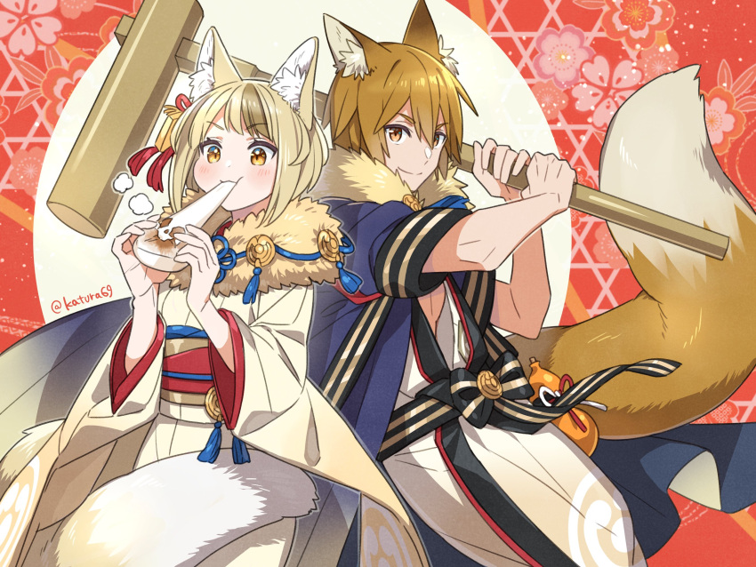 1boy, 1girl, animal_ear_fluff, animal_ears, blonde_hair, brown_eyes, brown_hair, closed_mouth
