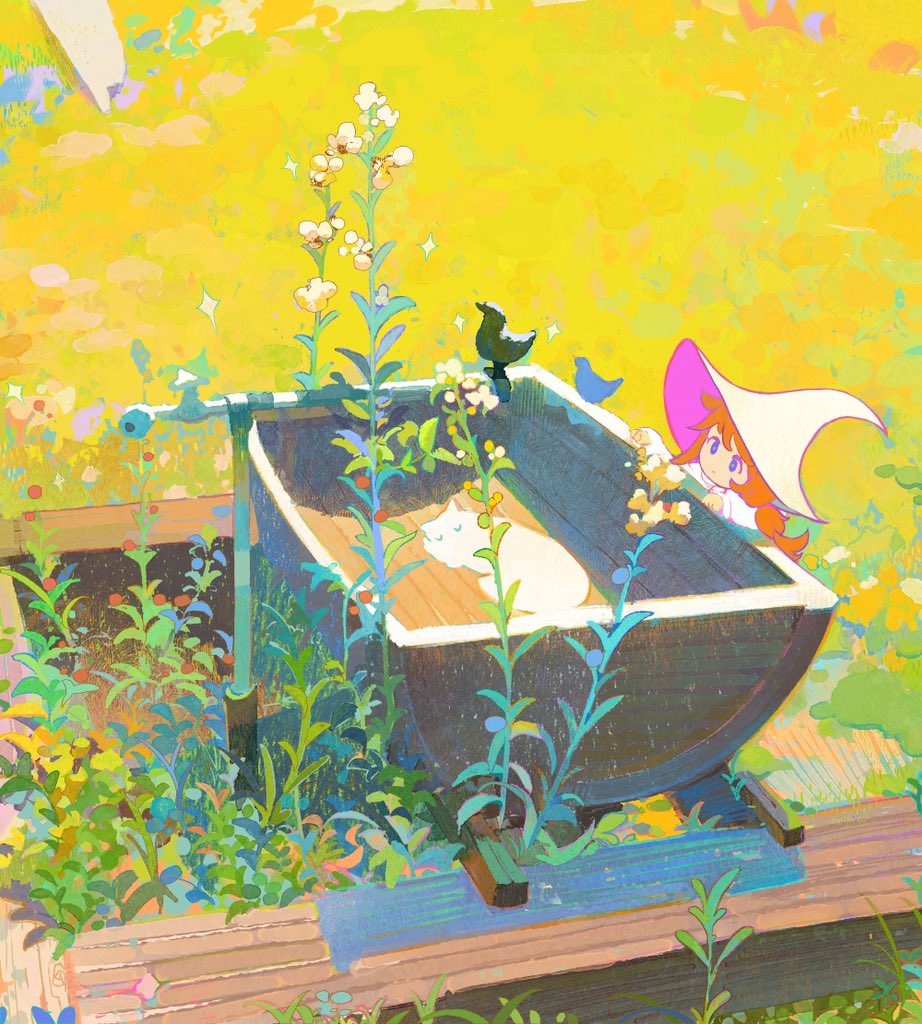 1girl, :o, bird, blue_eyes, bright_pupils, cat, child, commentary, dress, english_commentary, flower, garden, grass, hat, light_particles, long_hair, long_sleeves, looking_at_another, low_ponytail, mengxuanliart, orange_hair, original, parted_lips, pink_hat, scenery, solo, sparkle, two-sided_fabric, two-sided_headwear, wheelbarrow, white_cat, white_dress, white_flower, white_hat, white_pupils, wide_brim, witch, witch_hat