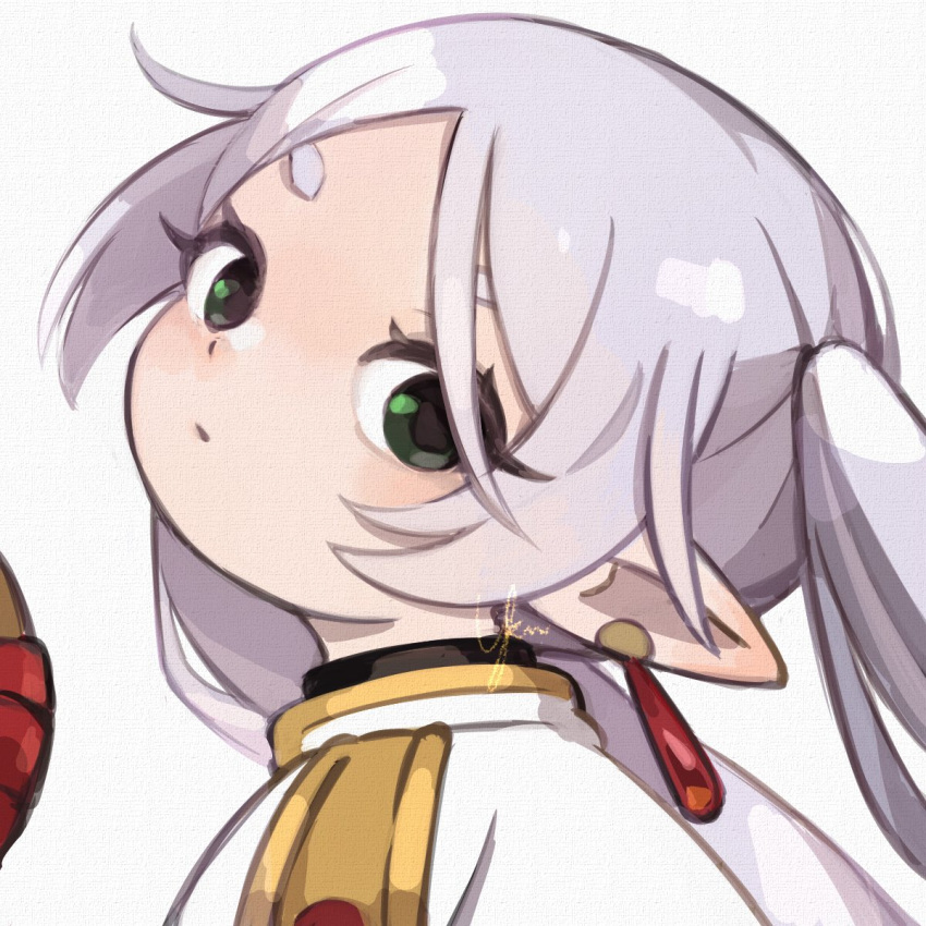 1girl, closed_mouth, earrings, frieren, green_eyes, highres, jewelry, long_eyelashes