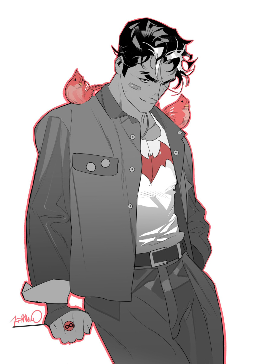 1boy, aura, bat_signal, batman_(series), batman_symbol, black_hair, blue_eyes, brown_jacket, closed_mouth, dc_comics, glowing, green_lantern_(series), highres, jacket, jason_todd, jewelry, limited_palette, looking_at_viewer, male_focus, multicolored_hair, muscular, muscular_male, open_clothes, pants, power_ring_(green_lantern), red_lantern, ring, robin_(bird), shirt, short_hair, simone_di_meo, simple_background, smile, solo, two-tone_hair, white_hair