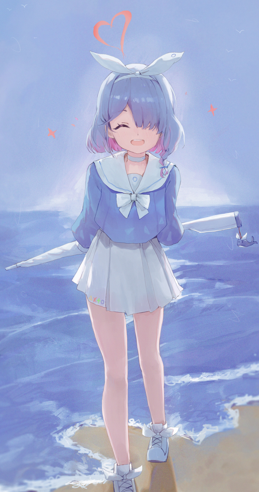 1girl, ^_^, absurdres, arms_behind_back, arona_(blue_archive), beach, blue_archive, blue_hair