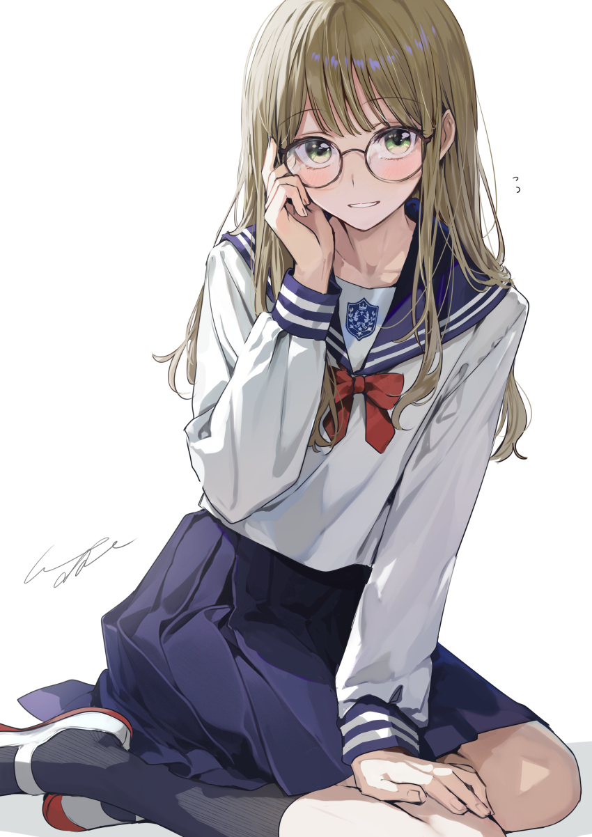1boy, absurdres, blonde_hair, blue_skirt, blush, commentary_request, crossdressing, glasses