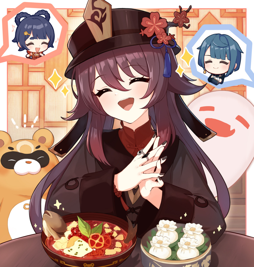 1boy, 2girls, absurdres, black_coat, black_hat, black_nails, blue_hair, boo_tao_(genshin_impact)