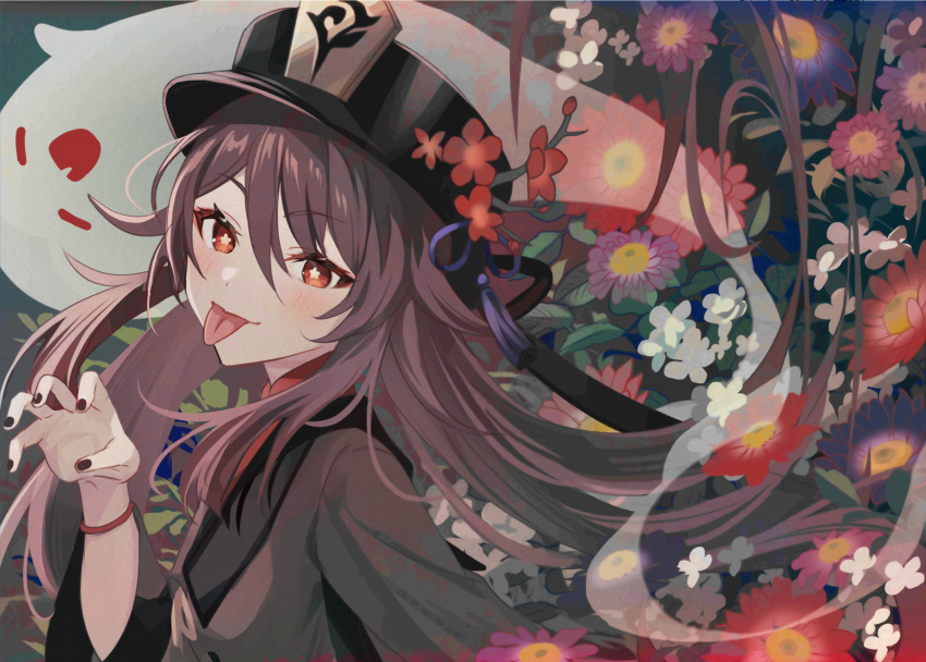 1girl, black_nails, blush, boo_tao_(genshin_impact), brown_hair, flower, genshin_impact, ghost