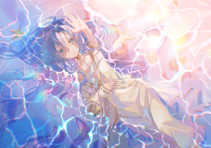 1girl, 37_(reverse:1999), absurdres, ancient_greek_clothes, aqua_eyes, armor, blue_hair, chinese_commentary