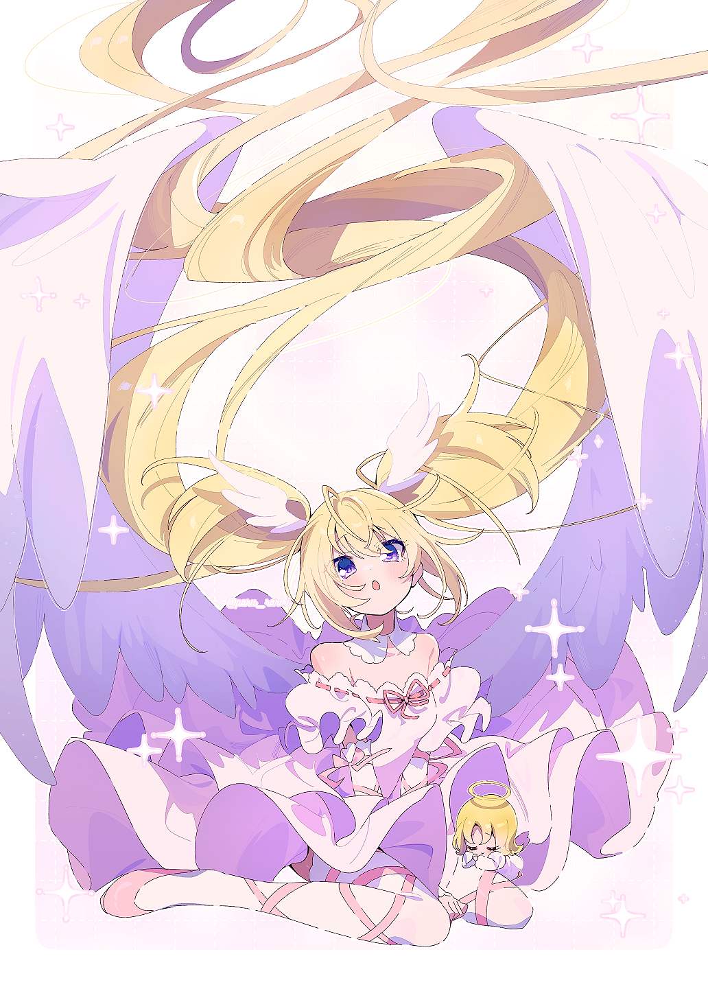 1girl, :o, absurdly_long_hair, angel, angel_wings, antenna_hair, arm_ribbon, bare_shoulders