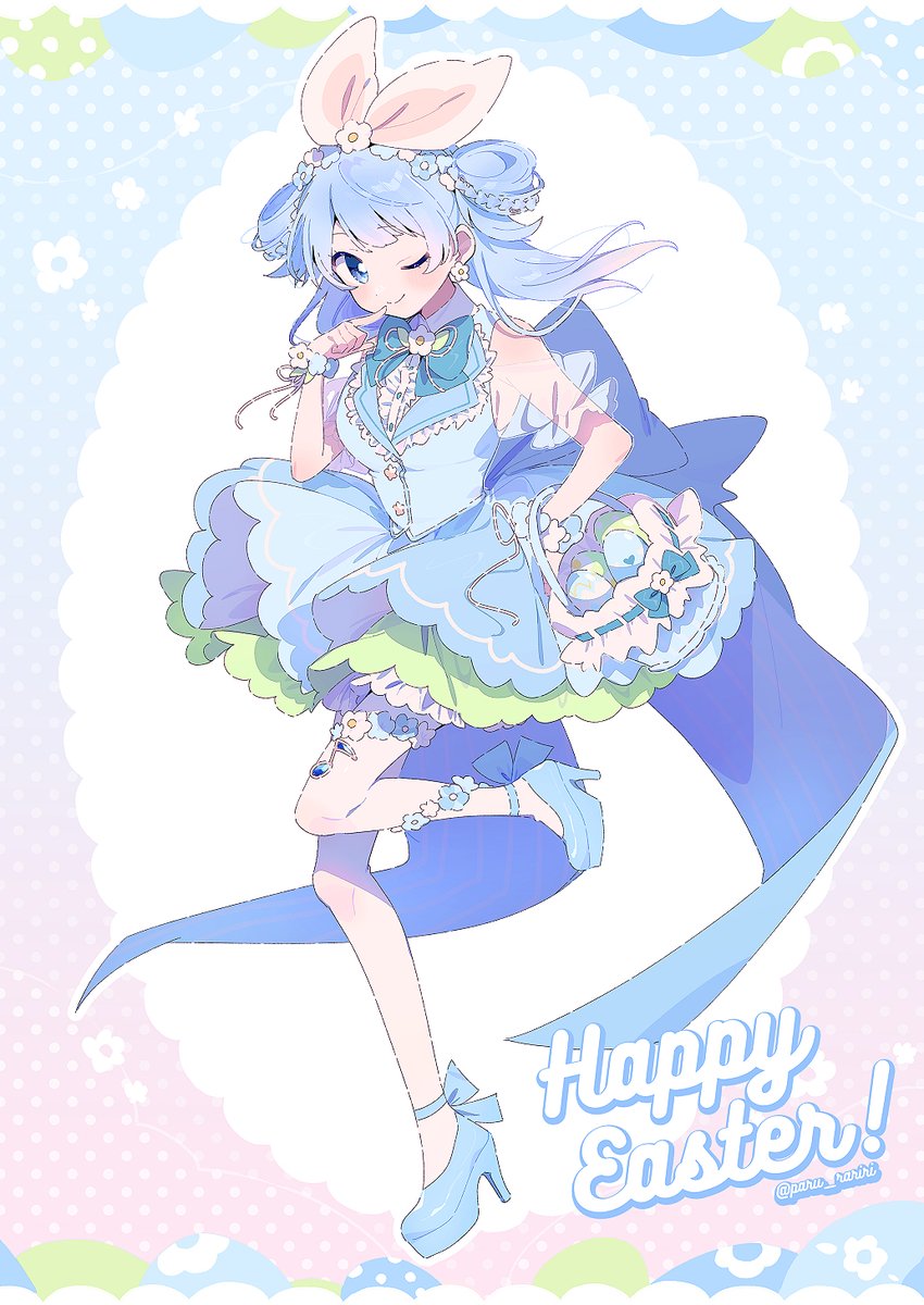 1girl, alternate_costume, back_bow, basket, blouse, blue_background, blue_bow, blue_dress