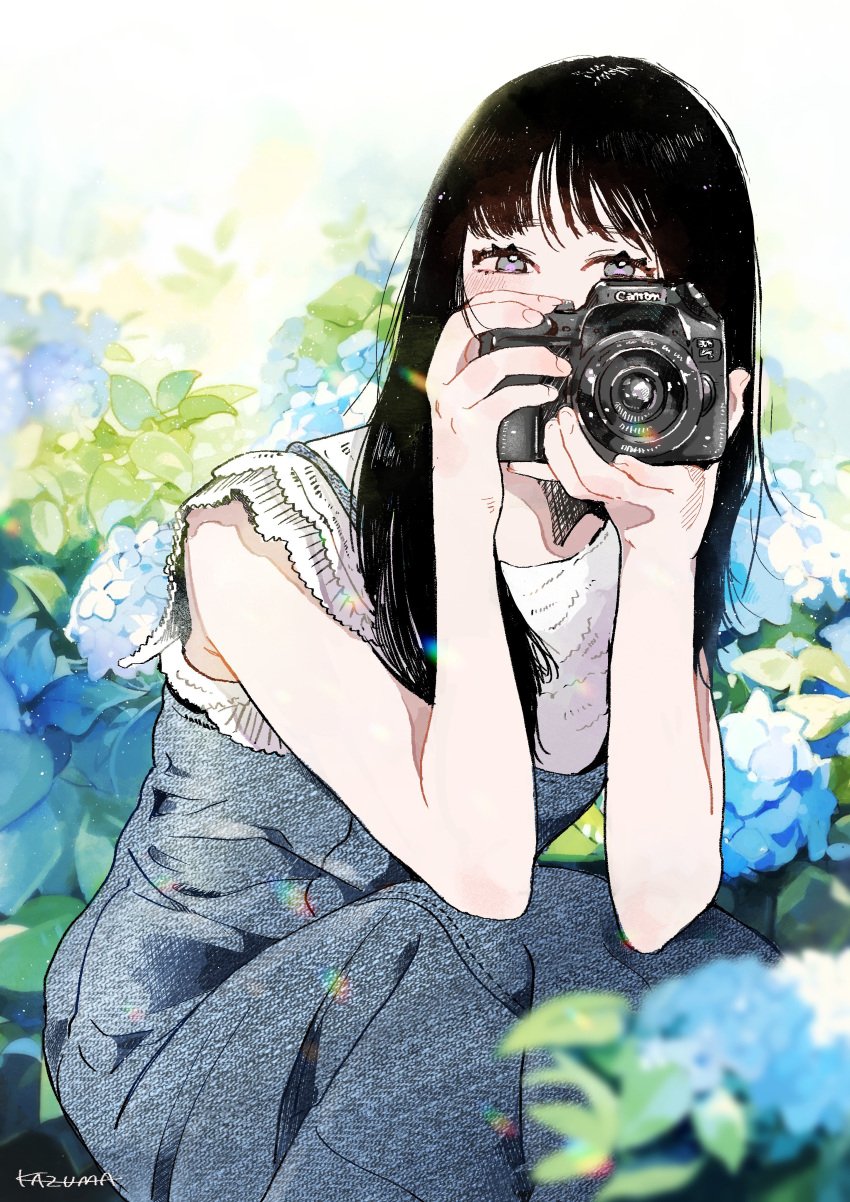 1girl, absurdres, artist_name, black_hair, blue_dress, blurry, camera, canon_(company)