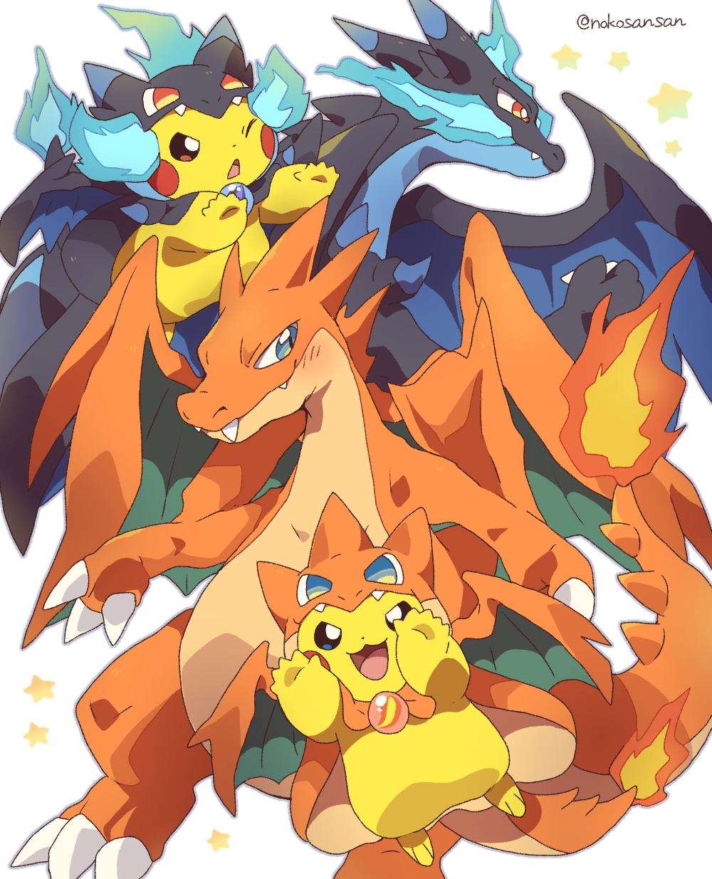 artist_name, black_skin, blue_eyes, blue_fire, bright_pupils, charizard, claws, colored_skin, cosplay, dragon, fangs, fire, flame-tipped_tail, highres, mega_charizard_x, mega_charizard_x_(cosplay), mega_charizard_y, mega_charizard_y_(cosplay), mega_stone, one_eye_closed, open_mouth, orange_skin, pikachu, pokemon, pokemon_(creature), red_eyes, roku_(rokkrn), simple_background, slit_pupils, star_(symbol), white_background, white_pupils, wings, yellow_fur