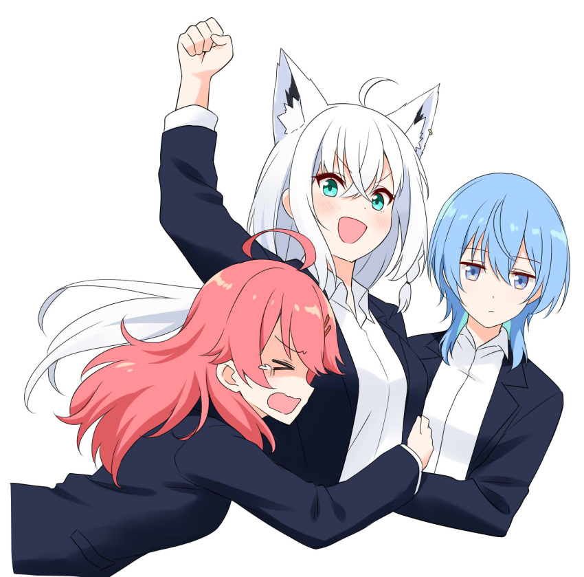 >_<, 2024_assassination_attempt_of_donald_trump, 3girls, :d, ahoge, alternate_costume, animal_ear_fluff, animal_ears