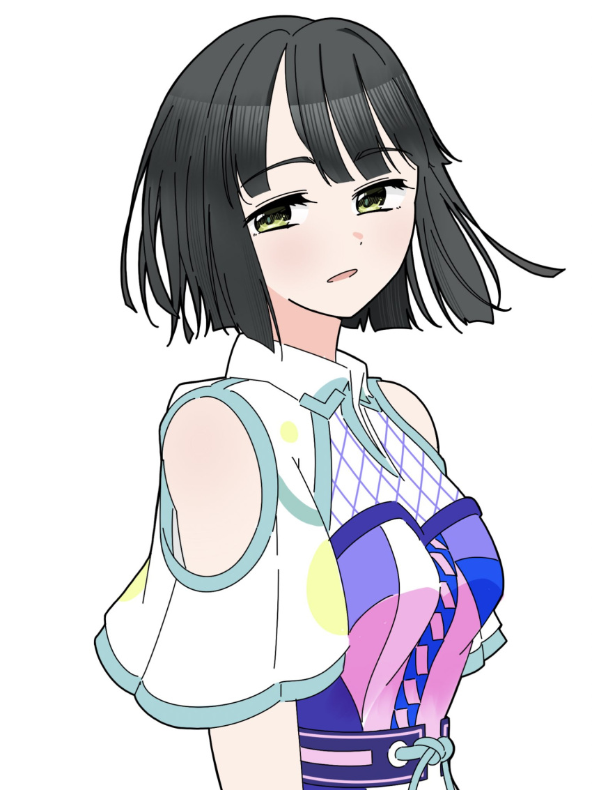 1girl, alternate_costume, black_hair, blue_dress, blunt_bangs, blunt_ends, breasts, clothing_cutout