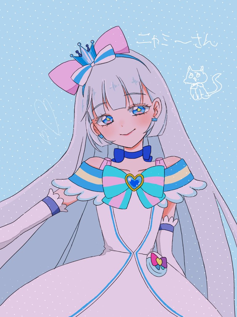 1girl, blue_background, blue_bow, blue_bowtie, blue_choker, blue_eyes, blue_hair, bow, bowtie, choker, crown, crown_earrings, cure_nyammy, detached_sleeves, dress, hair_bow, head_tilt, long_hair, looking_at_viewer, magical_girl, mini_crown, nekoyashiki_yuki, polka_dot, polka_dot_background, precure, ri_oyasai, smile, solo, white_dress, wonderful_precure!