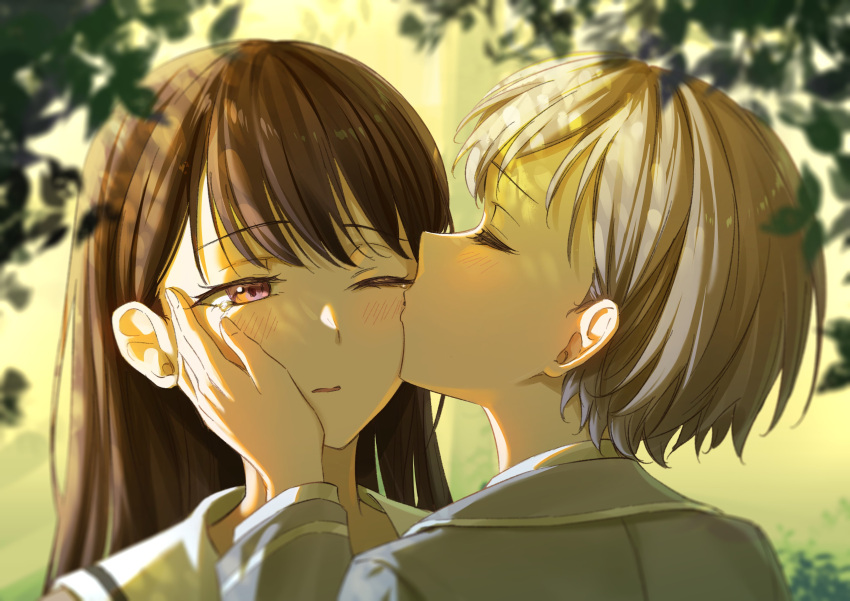 2girls, absurdres, bang_dream!, bang_dream!_it's_mygo!!!!!, blurry, blush, brown_hair, closed_eyes