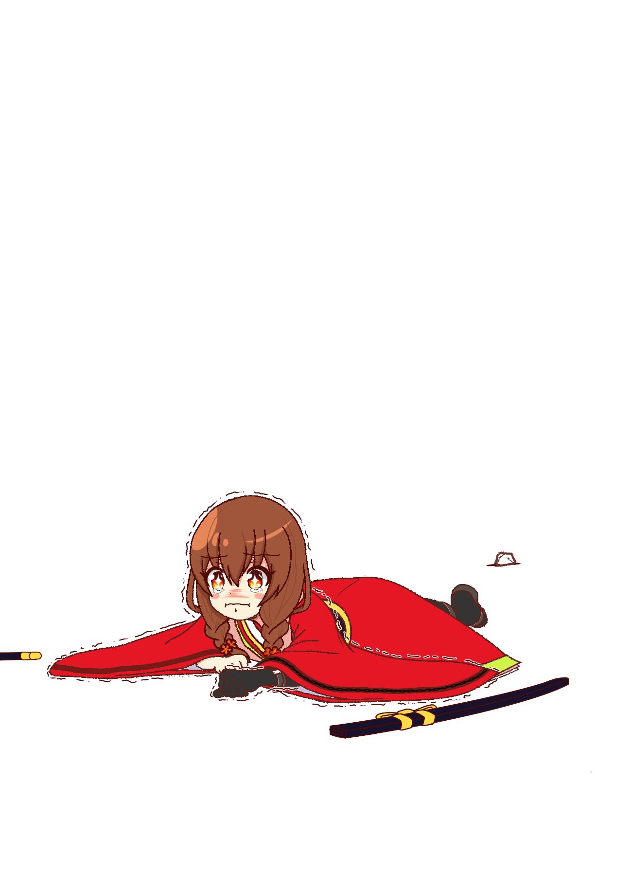 1girl, black_gloves, boots, braided_twintails, brown_hair, clenched_hands, commentary_request, falling