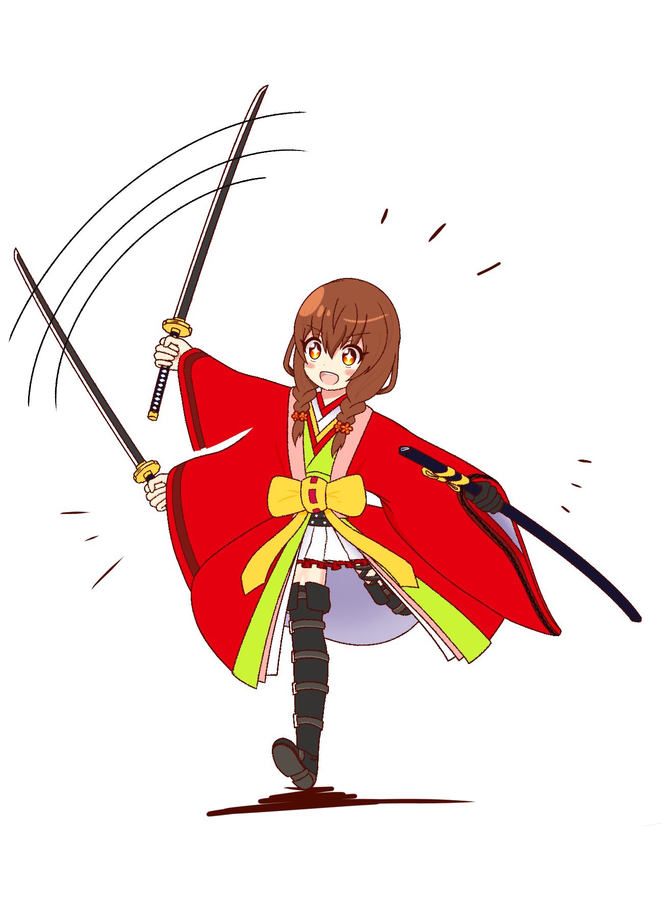 1girl, black_gloves, boots, braided_twintails, brown_eyes, brown_hair, commentary_request, gloves
