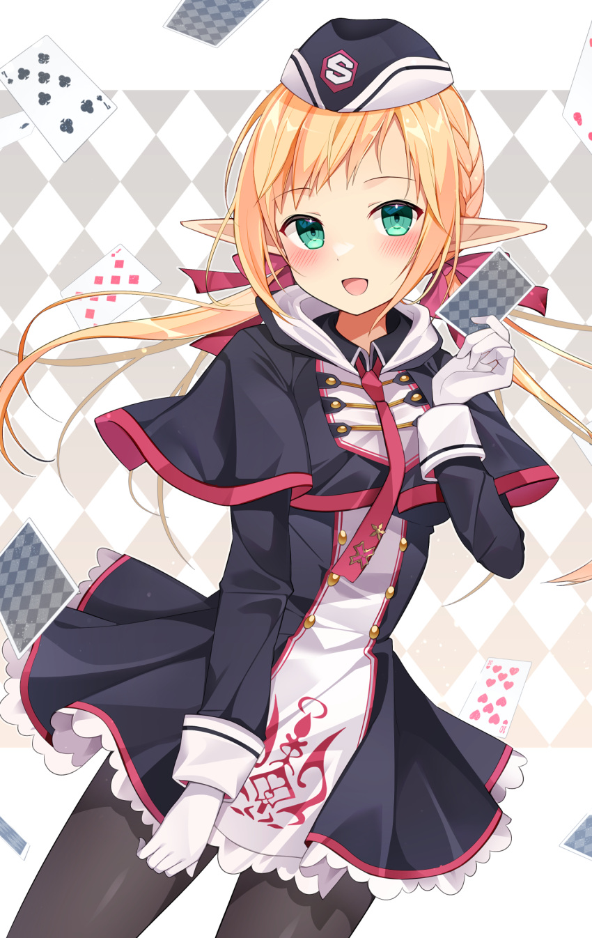 1girl, :d, argyle_background, arihara_nanami, arihara_nanami_(cosplay), black_capelet, black_dress, black_hat
