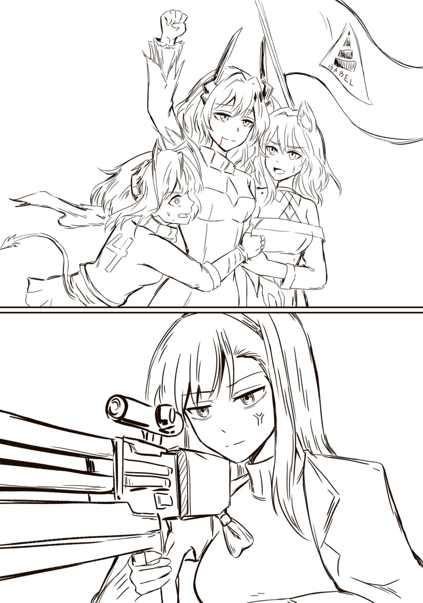 2024_assassination_attempt_of_donald_trump, 4girls, anger_vein, animal_ear_fluff, animal_ears, antennae, arknights, babel_logo_(arknights)