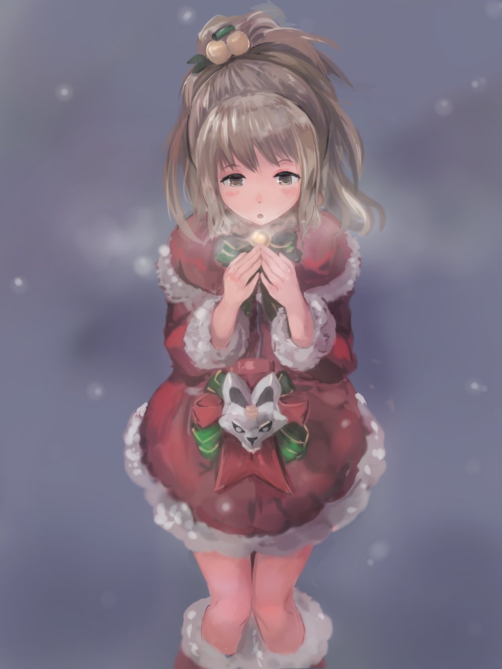 1girl, boots, breath, brown_eyes, capelet, christmas, commentary_request, dress