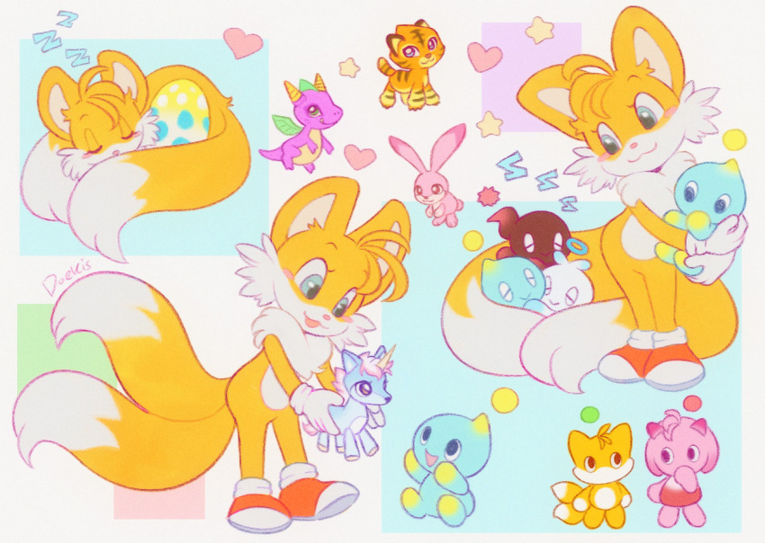 1boy, amy_chao, animal, animal_ears, chao_(sonic), closed_eyes, creature, curled_up