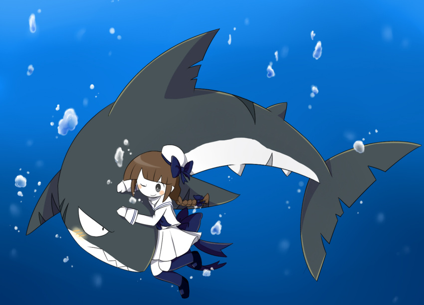 1girl, animalization, back_bow, black_eyes, blue_bow, blue_footwear, blue_neckerchief, blue_thighhighs